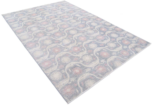 Transitional Hand Knotted Artemix Tabriz Wool Rug of Size 6'2'' X 9'2'' in Grey and Ivory Colors - Made in Afghanistan