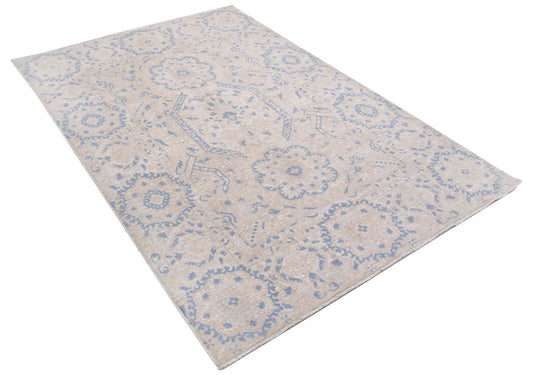 Transitional Hand Knotted Artemix Tabriz Wool Rug of Size 4'10'' X 7'2'' in Ivory and Ivory Colors - Made in Afghanistan