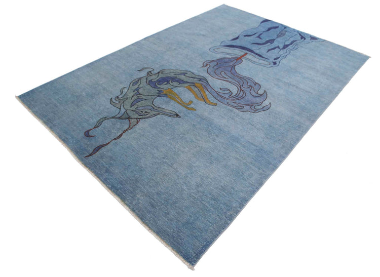 Transitional Hand Knotted Onyx Tabriz Wool Rug of Size 6'0'' X 8'8'' in Blue and Grey Colors - Made in Afghanistan