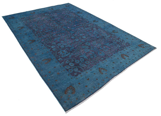Transitional Hand Knotted Onyx Tabriz Wool Rug of Size 6'11'' X 9'8'' in Blue and Purple Colors - Made in Afghanistan