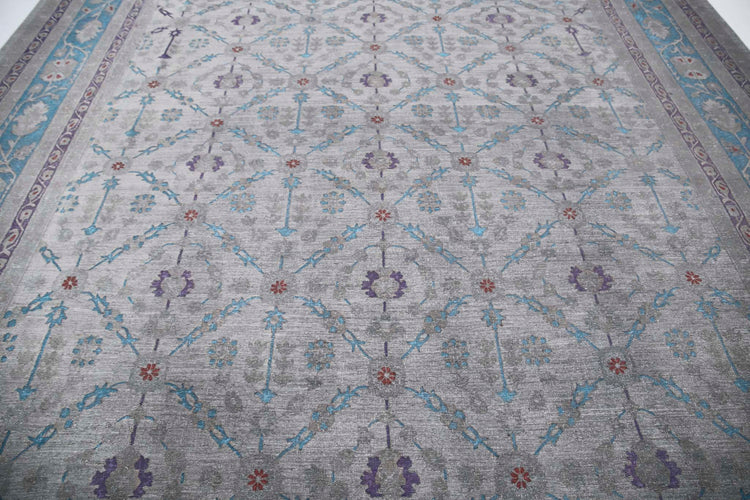 Transitional Hand Knotted Onyx Tabriz Wool Rug of Size 11'11'' X 14'10'' in Grey and Blue Colors - Made in Afghanistan