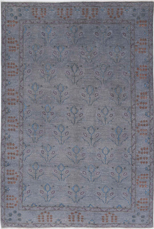 Transitional Hand Knotted Onyx Tabriz Wool Rug of Size 6'0'' X 9'0'' in Grey and Blue Colors - Made in Afghanistan