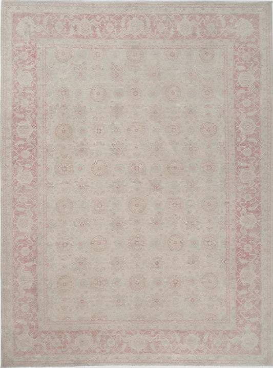 Traditional Hand Knotted Serenity Tabriz Wool Rug of Size 9'11'' X 13'1'' in Ivory and Red Colors - Made in Afghanistan